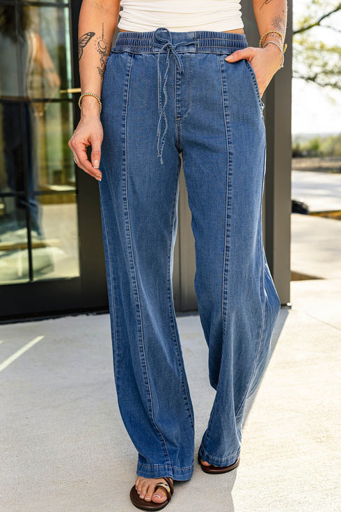 Drawstring Waist Soft Lyocell Relaxed Wide Leg Denim Jeans
