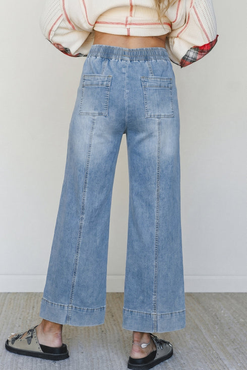 Drawstring Waist Wide Leg Seamed Ankle Length Jeans