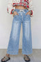 Drawstring Waist Wide Leg Seamed Ankle Length Jeans