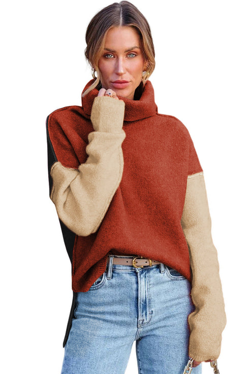 Drop-Shoulder Colorblock Turtleneck Knit Sweater Side-Slit Hem