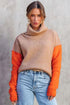 Drop-Shoulder Colorblock Turtleneck Knit Sweater Side-Slit Hem