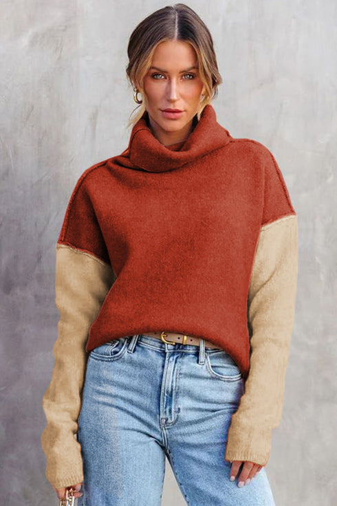 Drop-Shoulder Colorblock Turtleneck Knit Sweater Side-Slit Hem