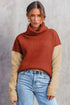 Drop-Shoulder Colorblock Turtleneck Knit Sweater Side-Slit Hem