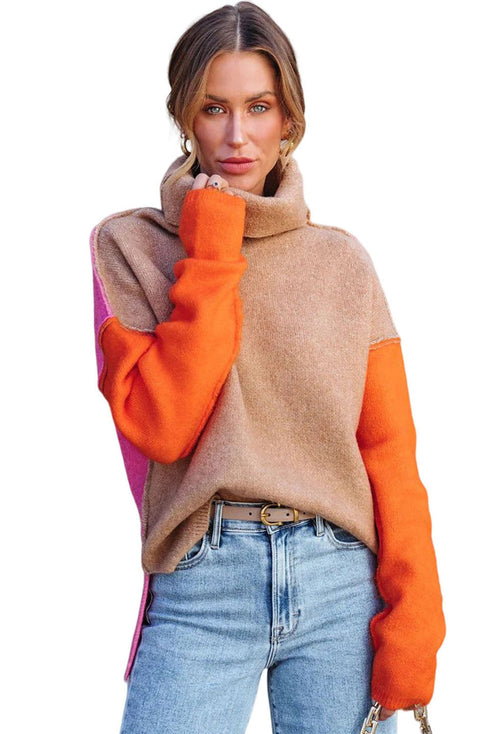 Drop-Shoulder Colorblock Turtleneck Knit Sweater Side-Slit Hem