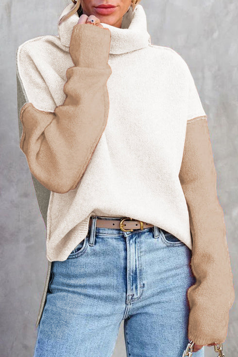 Drop-Shoulder Colorblock Turtleneck Knit Sweater Side-Slit Hem