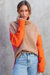 Drop-Shoulder Colorblock Turtleneck Knit Sweater Side-Slit Hem