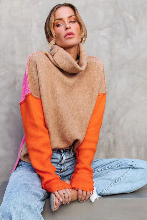 Drop-Shoulder Colorblock Turtleneck Knit Sweater Side-Slit Hem