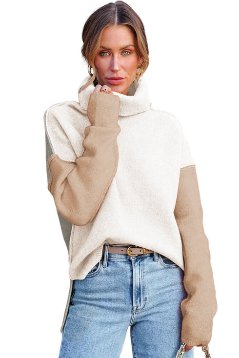 Drop-Shoulder Colorblock Turtleneck Knit Sweater Side-Slit Hem