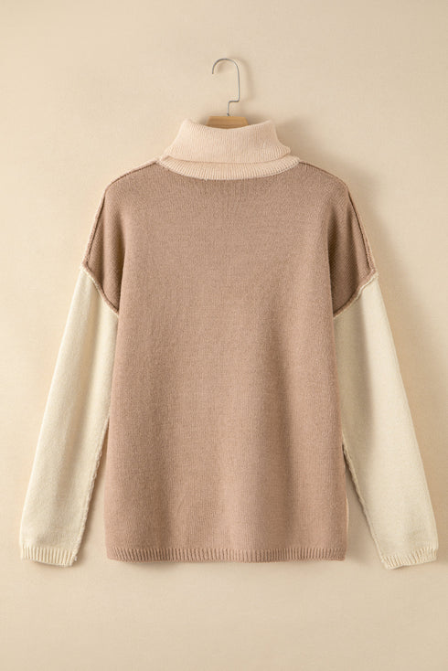 Drop-Shoulder Colorblock Turtleneck Knit Sweater Side-Slit Hem