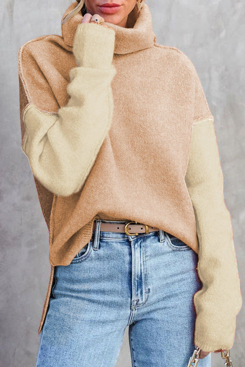 Drop-Shoulder Colorblock Turtleneck Knit Sweater Side-Slit Hem