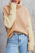 Drop-Shoulder Colorblock Turtleneck Knit Sweater Side-Slit Hem