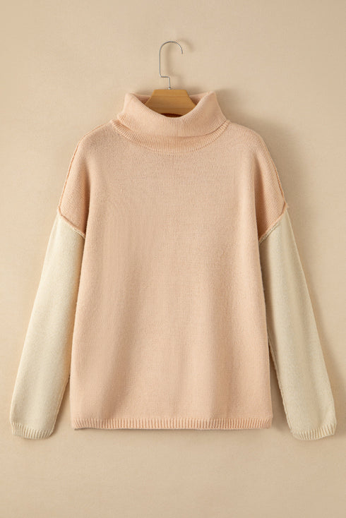 Drop-Shoulder Colorblock Turtleneck Knit Sweater Side-Slit Hem