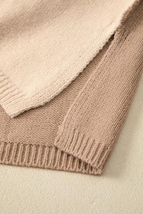 Drop-Shoulder Colorblock Turtleneck Knit Sweater Side-Slit Hem