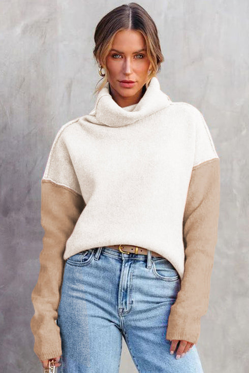 Drop-Shoulder Colorblock Turtleneck Knit Sweater Side-Slit Hem