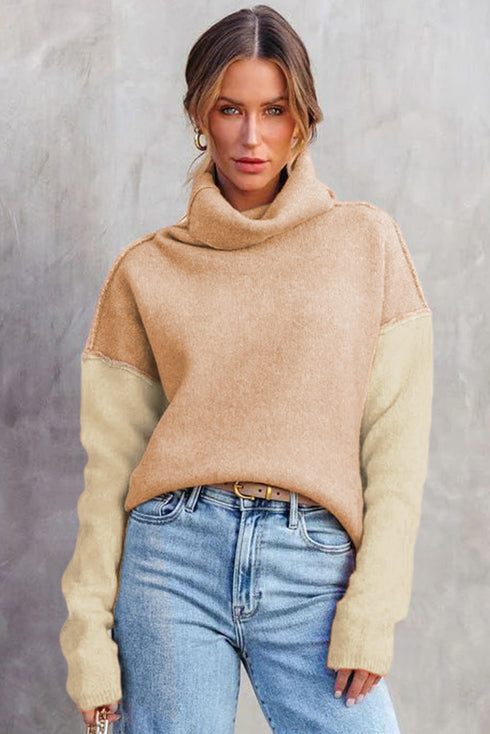 Drop-Shoulder Colorblock Turtleneck Knit Sweater Side-Slit Hem