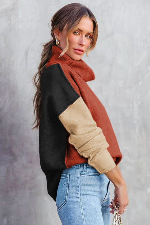 Drop-Shoulder Colorblock Turtleneck Knit Sweater Side-Slit Hem
