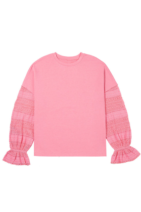 Drop Shoulder Crochet Sleeve Ruffle Cuff Top