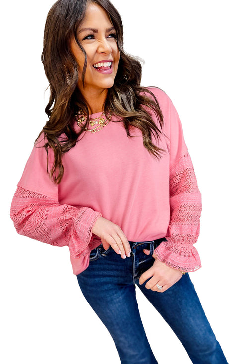Drop Shoulder Crochet Sleeve Ruffle Cuff Top