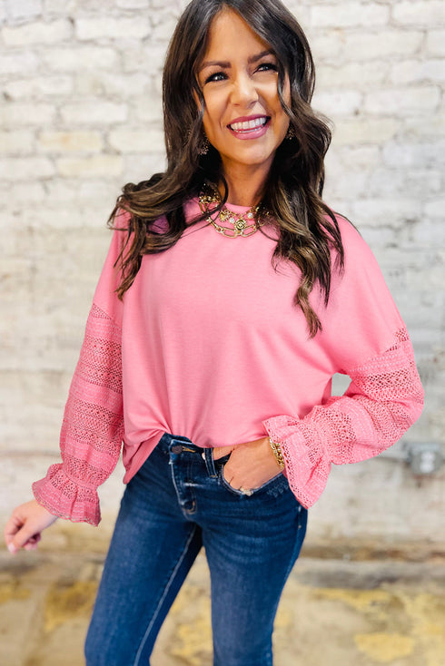 Drop Shoulder Crochet Sleeve Ruffle Cuff Top