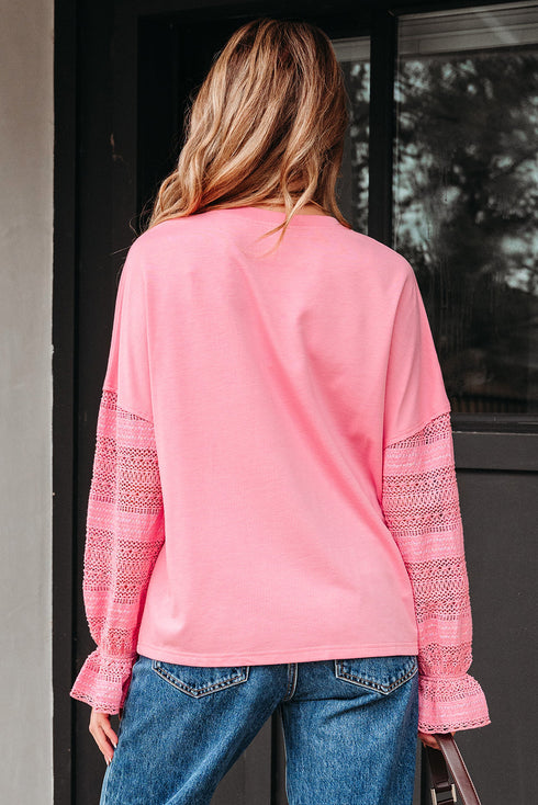 Drop Shoulder Crochet Sleeve Ruffle Cuff Top