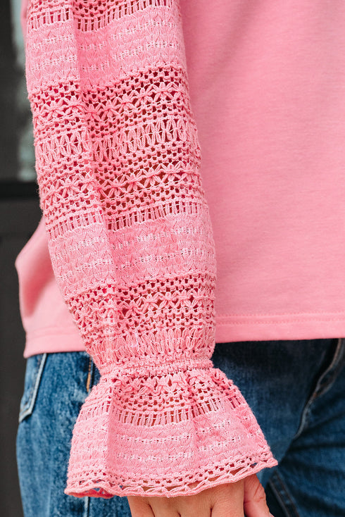 Drop Shoulder Crochet Sleeve Ruffle Cuff Top