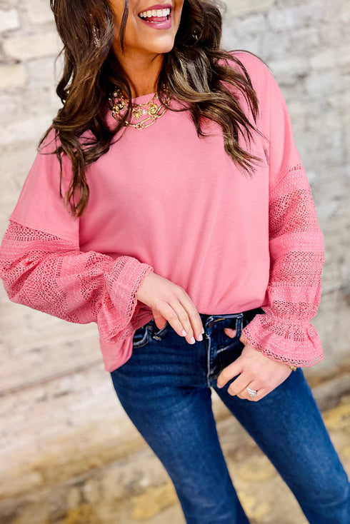 Drop Shoulder Crochet Sleeve Ruffle Cuff Top