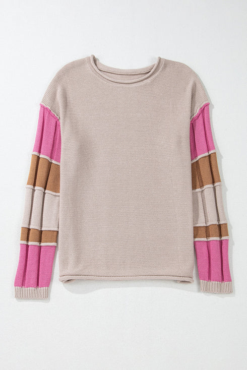 Drop Shoulder Exposed Seam Textured Sleeve Knit Sweater