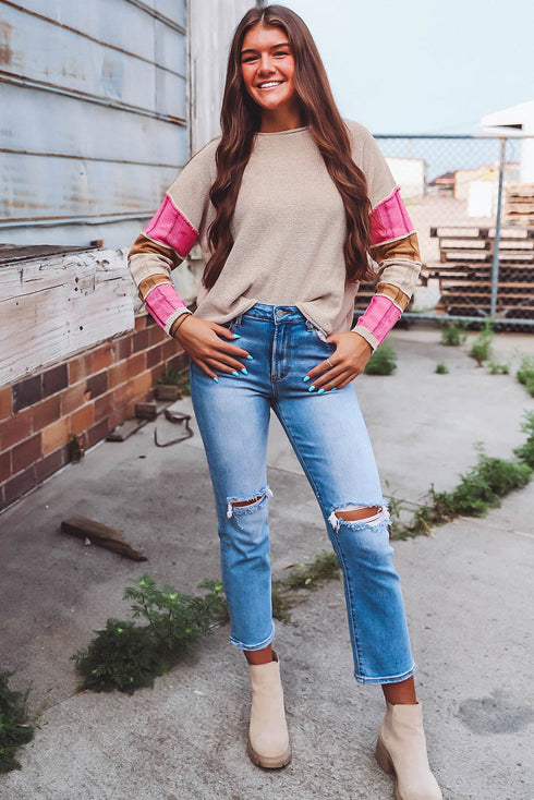 Drop Shoulder Exposed Seam Textured Sleeve Knit Sweater