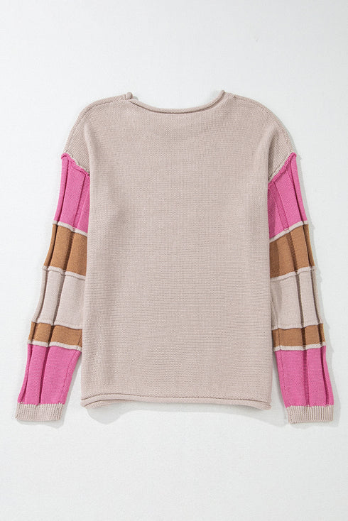 Drop Shoulder Exposed Seam Textured Sleeve Knit Sweater