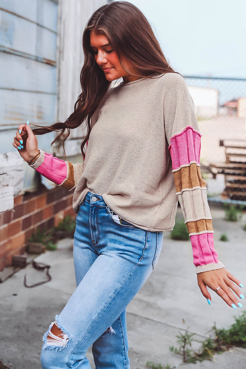 Drop Shoulder Exposed Seam Textured Sleeve Knit Sweater