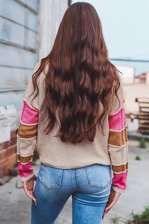 Drop Shoulder Exposed Seam Textured Sleeve Knit Sweater