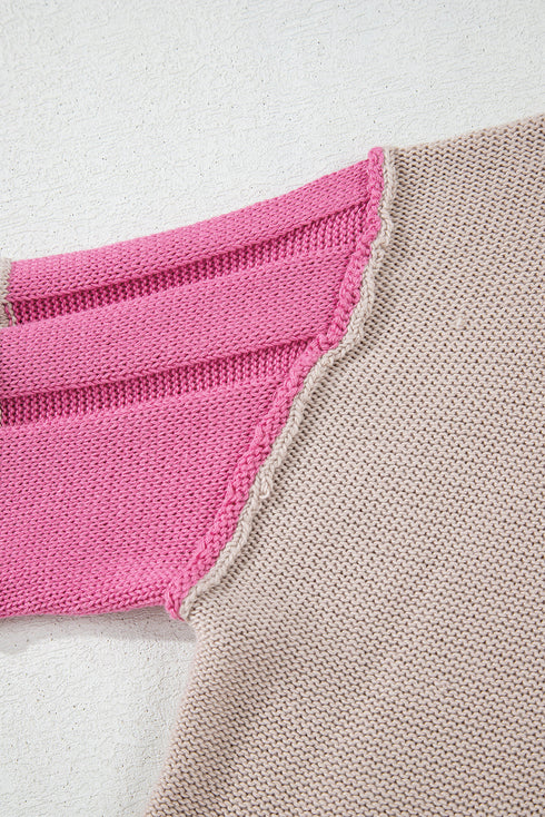 Drop Shoulder Exposed Seam Textured Sleeve Knit Sweater