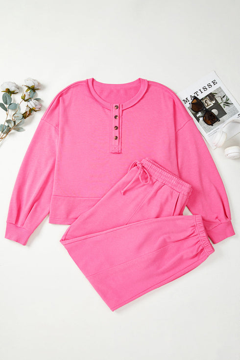 Drop Shoulder Henley Pullover And Jogger Pants Two Piece Loungewear