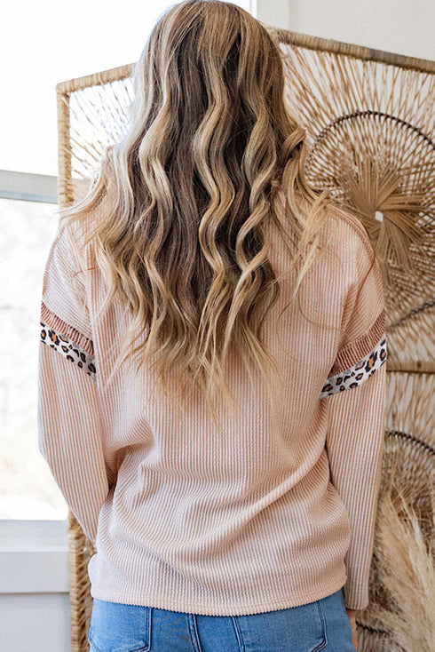 Drop Shoulder Leopard Patchwork Ribbed Knit Twist Front Top