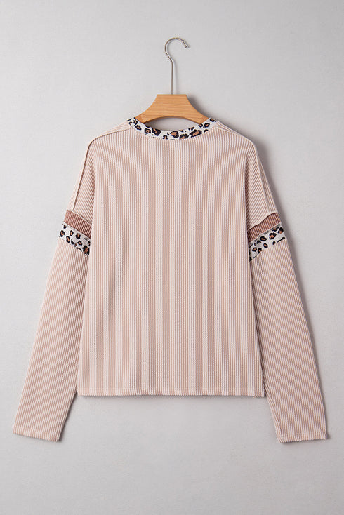 Drop Shoulder Leopard Patchwork Ribbed Knit Twist Front Top