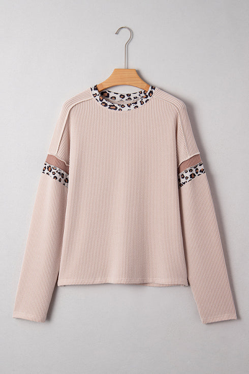 Drop Shoulder Leopard Patchwork Ribbed Knit Twist Front Top