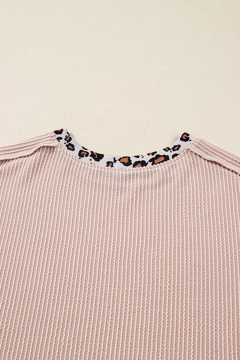 Drop Shoulder Leopard Patchwork Ribbed Knit Twist Front Top