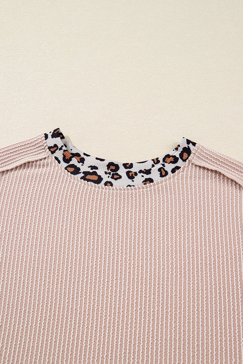 Drop Shoulder Leopard Patchwork Ribbed Knit Twist Front Top