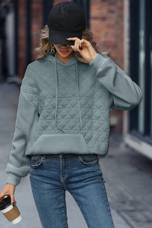 Drop Shoulder Quilted Patchwork Kangaroo Pocket Hoodie