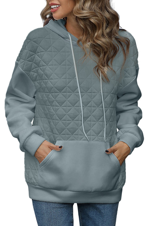 Drop Shoulder Quilted Patchwork Kangaroo Pocket Hoodie
