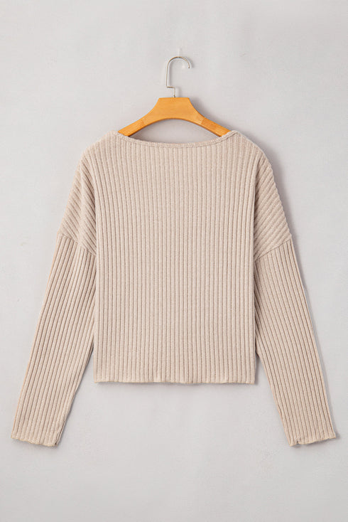 Drop Shoulder Ribbed Knit Lettuce Cuff Long Sleeve Top