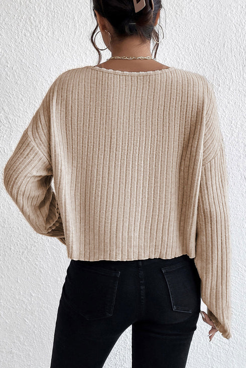 Drop Shoulder Ribbed Knit Lettuce Cuff Long Sleeve Top