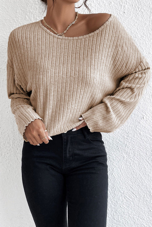 Drop Shoulder Ribbed Knit Lettuce Cuff Long Sleeve Top