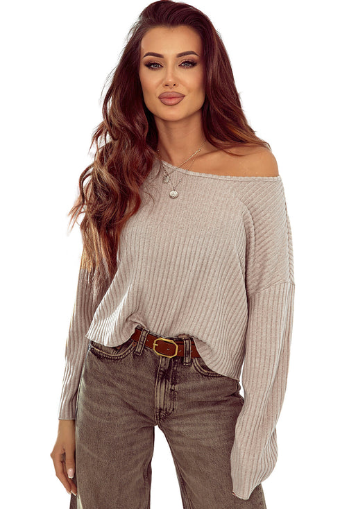 Drop Shoulder Ribbed Knit Lettuce Cuff Long Sleeve Top