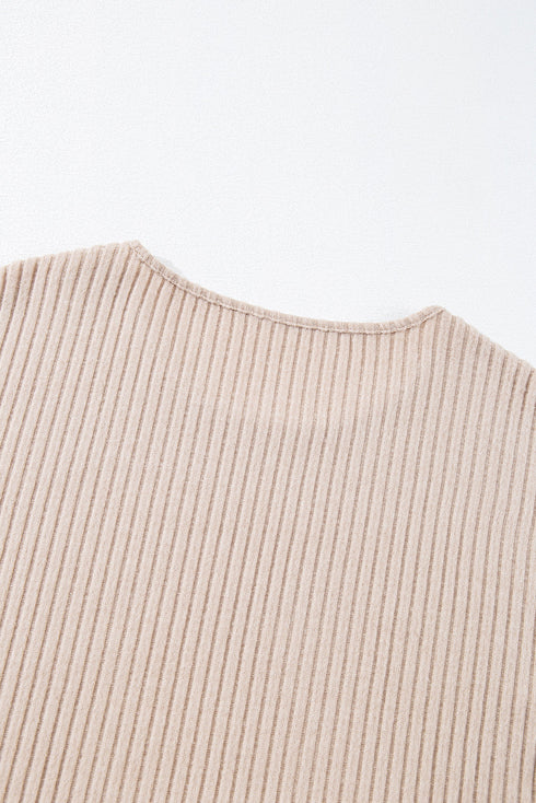 Drop Shoulder Ribbed Knit Lettuce Cuff Long Sleeve Top