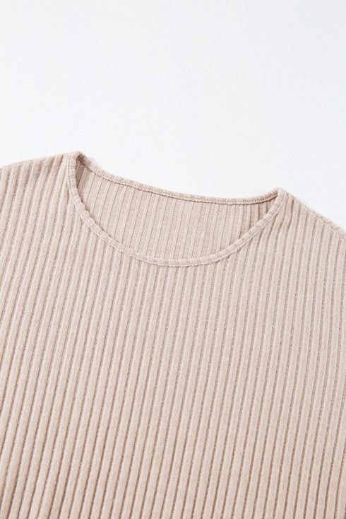 Drop Shoulder Ribbed Knit Lettuce Cuff Long Sleeve Top