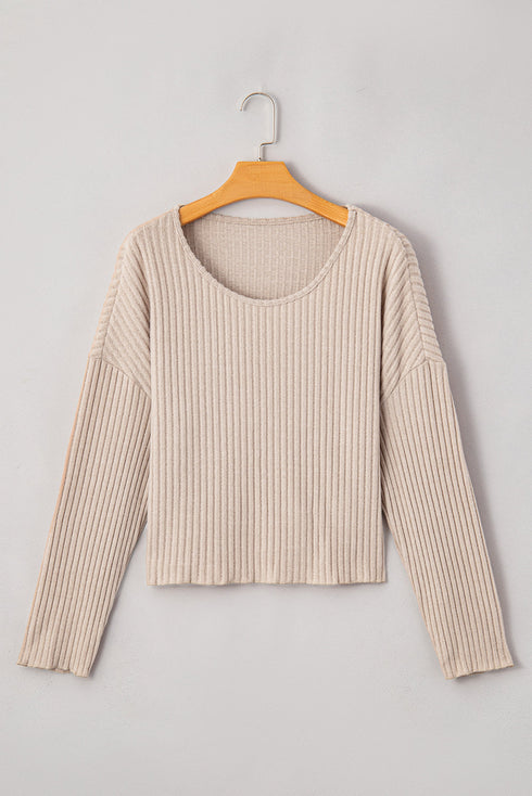 Drop Shoulder Ribbed Knit Lettuce Cuff Long Sleeve Top