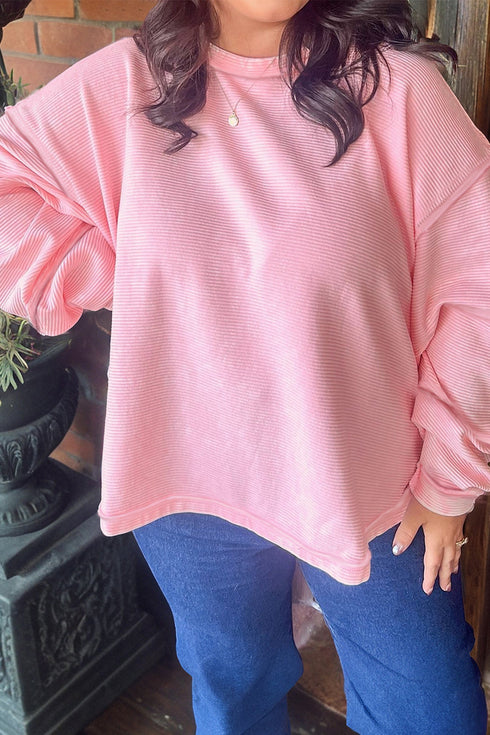 Drop Shoulder Ribbed Solid Pattern Long Sleeve Top