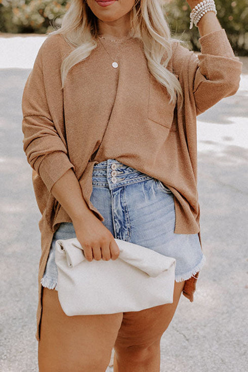 Drop Shoulder Ribbed Trim Tunic Length Knit Top