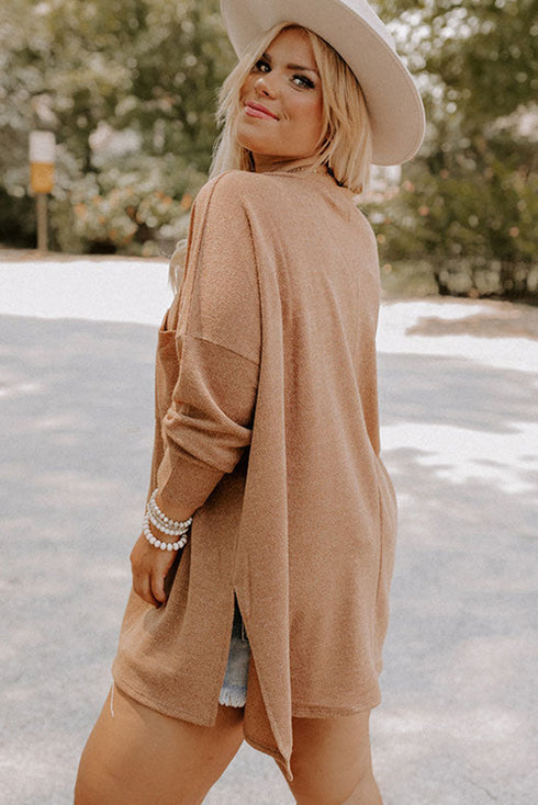 Drop Shoulder Ribbed Trim Tunic Length Knit Top